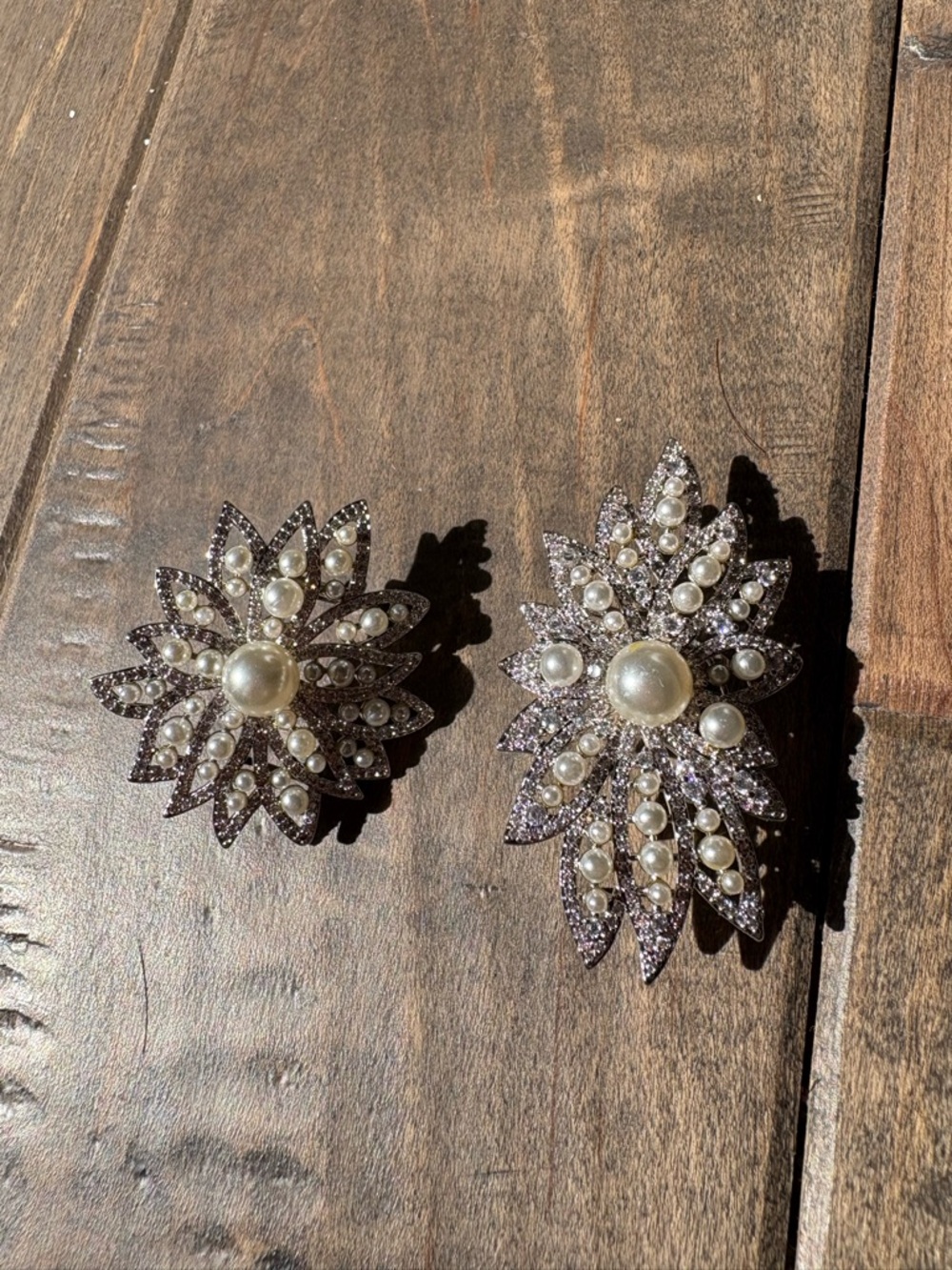 Pearl & Crystal Floral Statement Earrings - Silver Tone